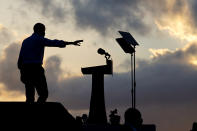 Former President Barack Obama arrives to speak at Citizens Bank Park as he campaigns for Democratic presidential candidate former Vice President Joe Biden, Wednesday, Oct. 21, 2020, in Philadelphia. (AP Photo/ Matt Slocum)