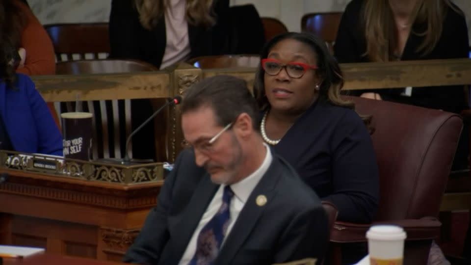 Philadelphia City Councilmember Kendra Brooks speaks during the hearing on a ski mask ban in Philadelphia on Thursday, November 30. - WPVI