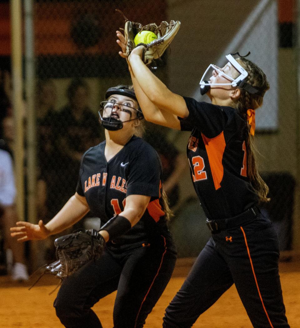 Lake Wales pitcher Macey Murphy catches a pop fly to end  the sixth inning against Lake Reigon as third baseman Lydia Denton backs up the play.