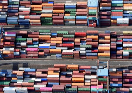 Aerial view of containers at a loading terminal in the port of Hamburg