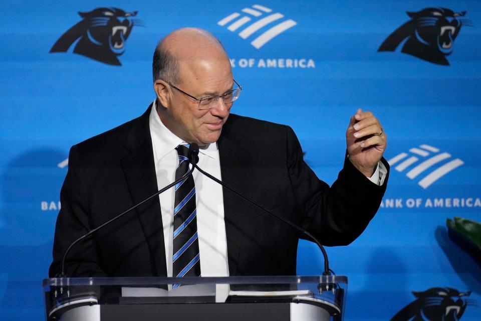 Panthers owner Dave Tepper speaks during the introductory press conference for new general manager Dan Morgan and head coach Dave Canales.