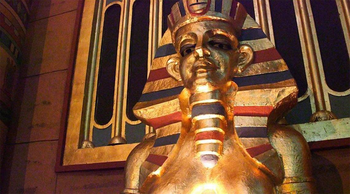 A statue in the Egyptian Theater based on ancient Egyptian statuary.