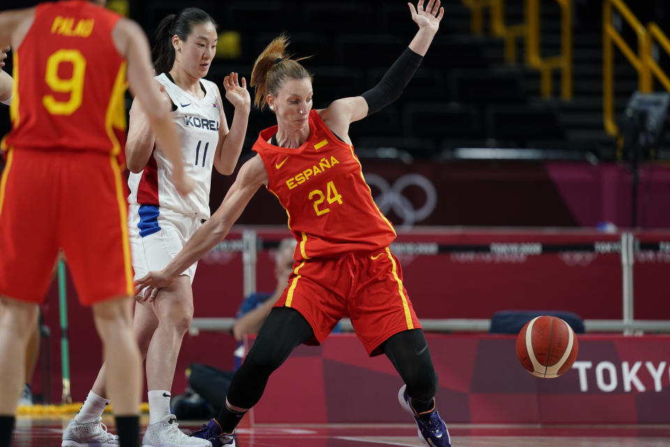 Spain's Laura Gil (24) loses control of the ball during women's basketball preliminary round game at the 2020 Summer Olympics, Monday, July 26, 2021, in Saitama, Japan. (AP Photo/Charlie Neibergall)