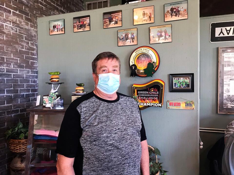 Oso Grill owner Brian Cleckler pictured in- 2021 during the height of the COVID-19 pandemic. The Oso Grill in Capitan won Best Green Chile Cheeseburger between 2017 and 2019 including winning the judge's prize two years. It again took home the prize in 2023. The restaurant expanded to a gift shop called Oso Gifts during the pandemic, where the owner's famous salsa can be purchased.