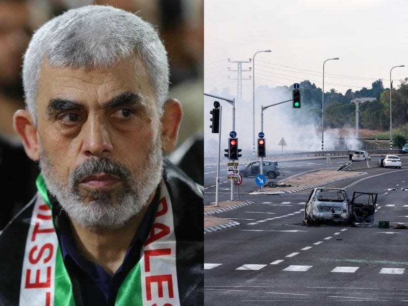 (Left) Yahya Sinwar, (Right) The aftermath of Hamas' attacks on southern Israel