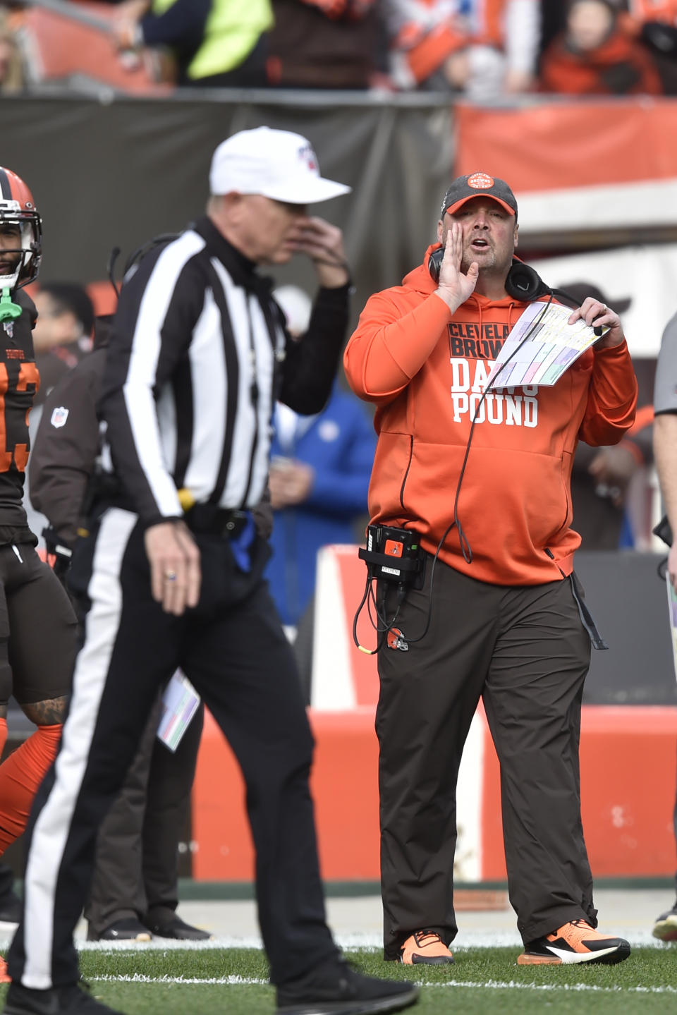 Cleveland Browns head coach Freddie Kitchens yells at an official during the first half of an NFL football game against the Cincinnati Bengals, Sunday, Dec. 8, 2019, in Cleveland. (AP Photo/David Richard)