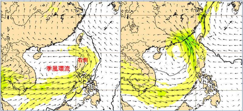 圖：2日20時歐洲模式(ECMWF)850百帕風場模擬圖顯示，下週(7)日南海又有「季風環流」(monsoon gyre)逐漸成形，有利「熱帶擾動」在其右側發展(左圖)，並順著環流下週二(9日)移至廣東海面(右圖)。