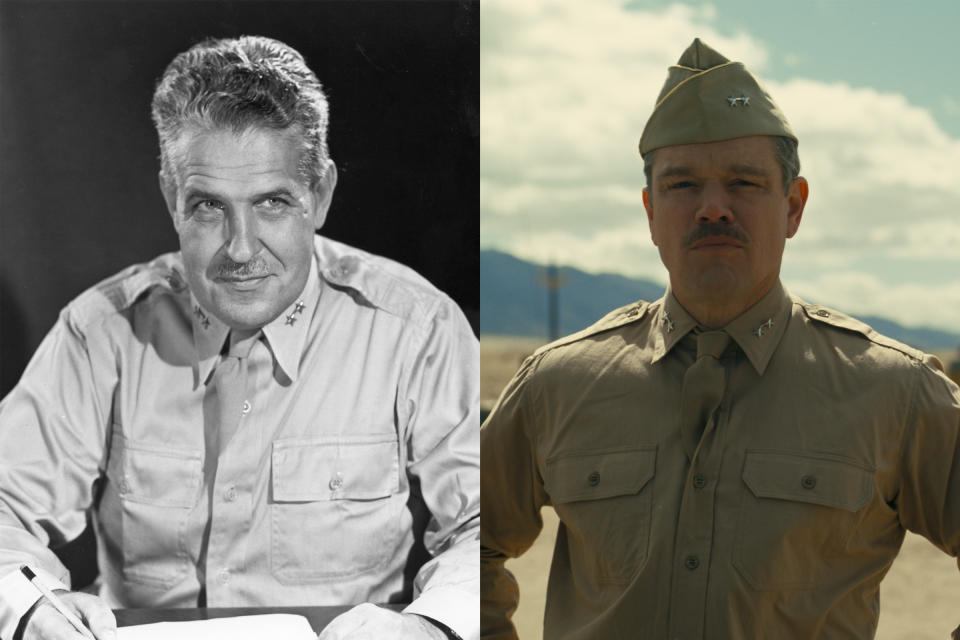 General Leslie Groves and Matt Damon as Groves in Oppenheimer<span class="copyright">Groves: MPI/Getty Images; Damon: Courtesy Universal Pictures</span>