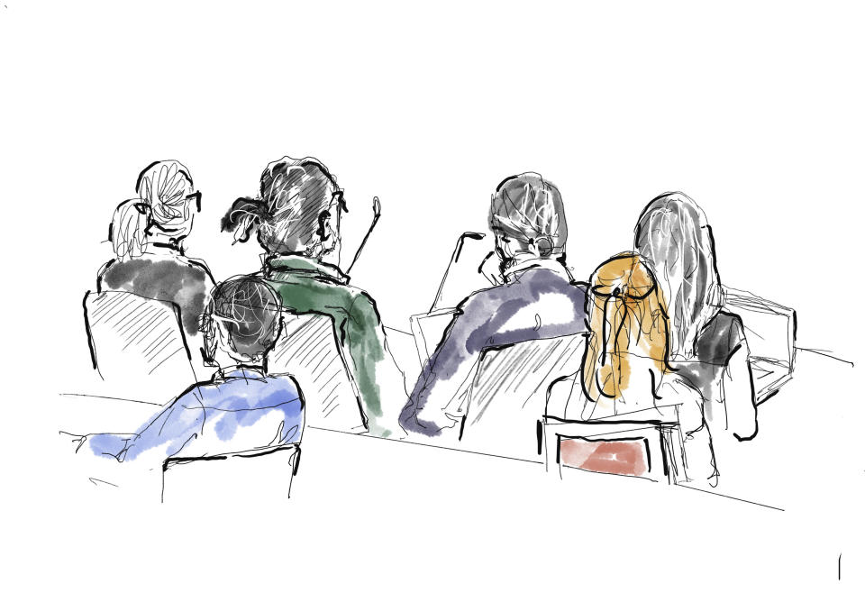 ASAP Rocky, in green shirt, second left, and to the right his defence lawyer Slobodan Jovicic, sit at the district court in Stockholm, Thursday Aug. 1, 2019. American rapper A$AP Rocky pleaded not guilty to assault as his trial in Sweden opened Tuesday, a month after a street fight that landed him in jail and became a topic of U.S.-Swedish diplomacy. (Court Illustration by Anna-Lena Lindqvist/TT via AP)