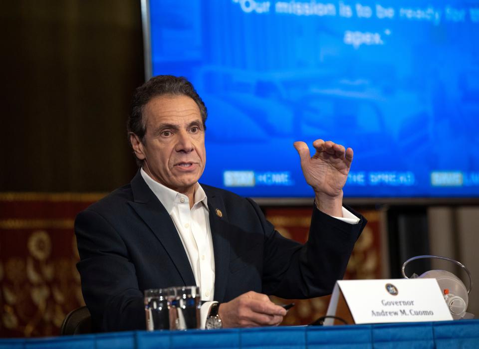 Gov. Andrew Cuomo provides a coronavirus update during a press conference in the Red Room at the State Capitol in Albany on March 28, 2020.