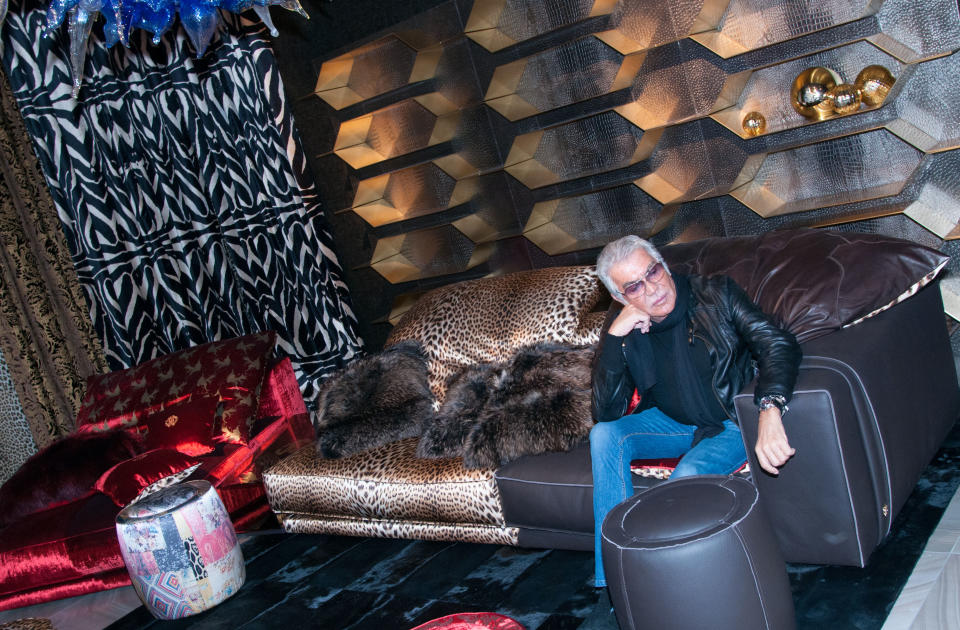 Roberto Cavalli showcases his debut home line, where leopard print dominates.