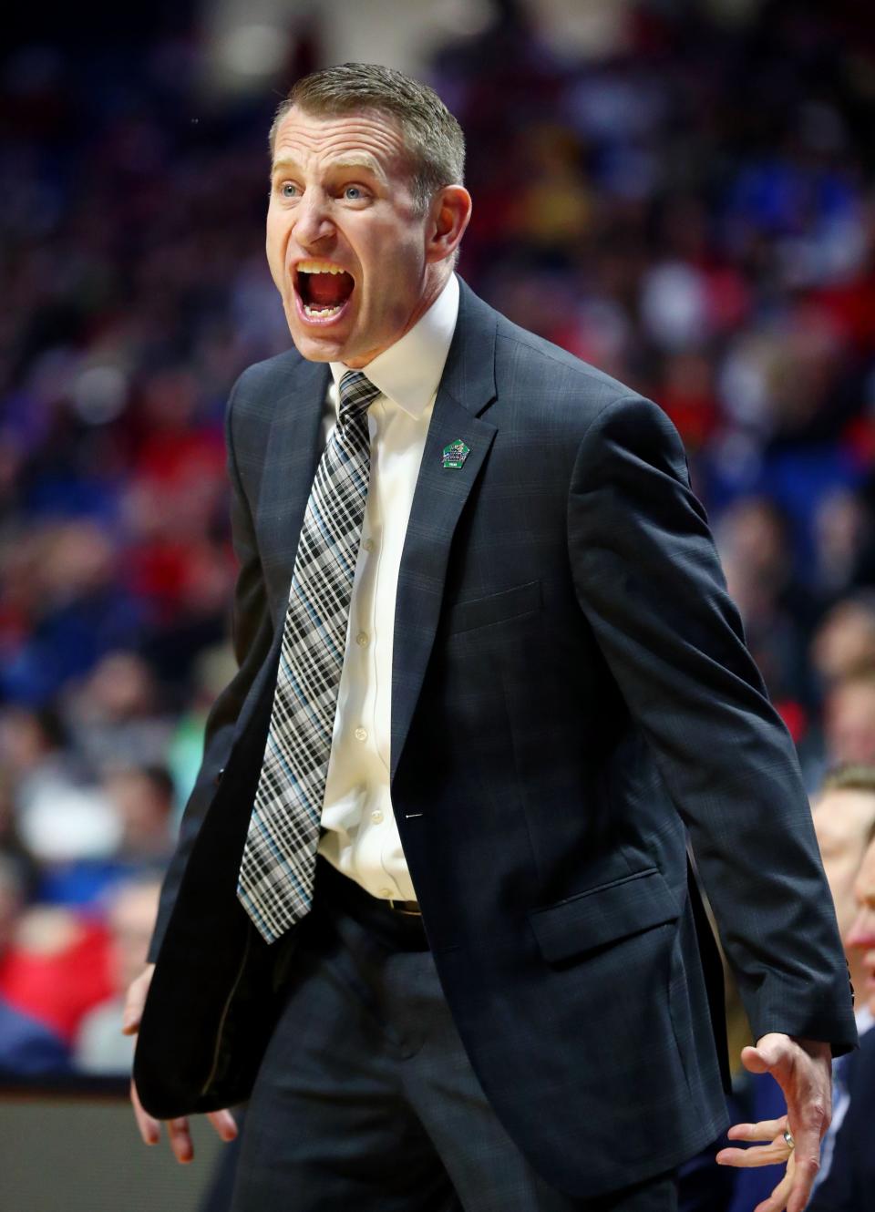 Mar 22, 2019; Tulsa, OK, USA; Buffalo Bulls head coach Nate Oats reacts during the first half of their game against the Arizona State Sun Devils in the first round of the 2019 NCAA Tournament at BOK Center. Mandatory Credit: Mark J. Rebilas-USA TODAY Sports