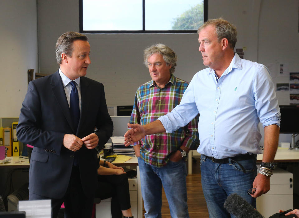 Prime Minister David Cameron meets Jeremy Clarkson and James May during an EU-related visit to W. Chump & Sons Ltd TV studio in west London.