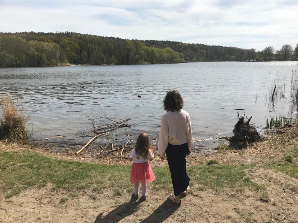 Juliette with her four-year-old daughter on a walk around a lake in West Berlin. The family moved to Germany in January 2020 with the toddler and a 12-week-old baby.Juliette