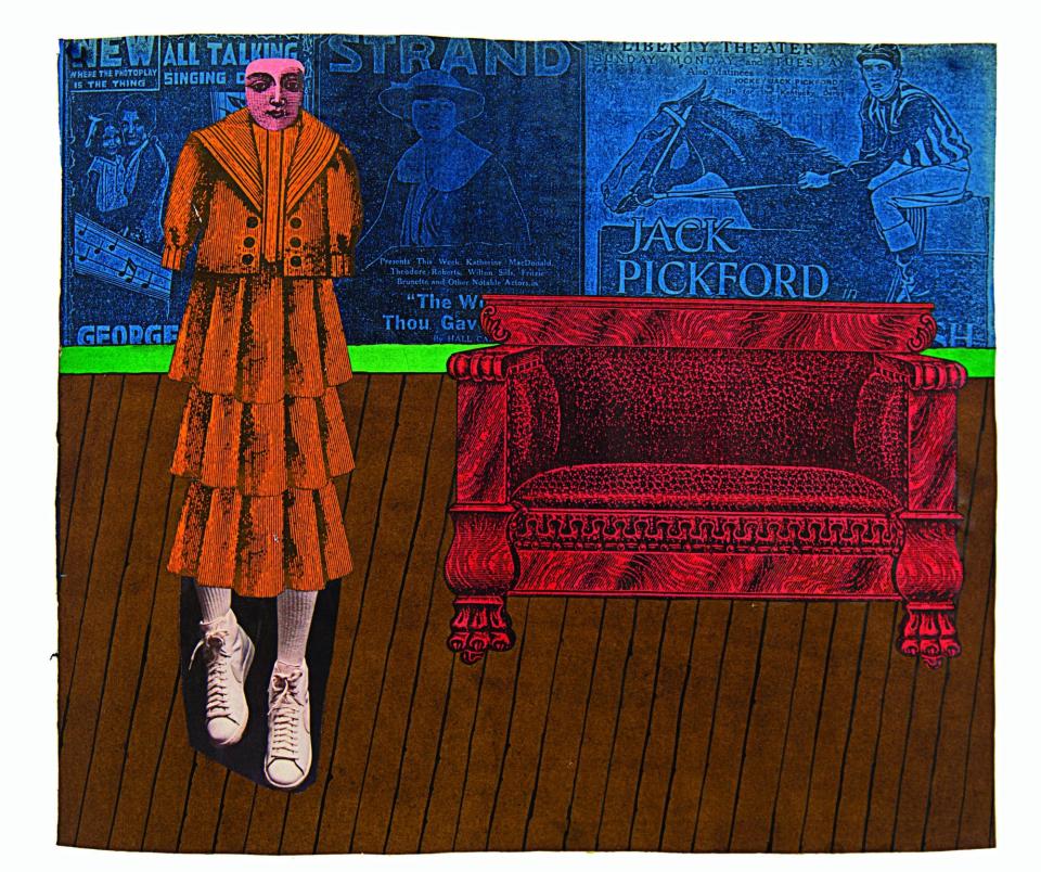 Larry Lewis, Untitled (Strand and Pickford over a red couch), c. 1950-2004, mixed media collage on paper, 13" x 15"