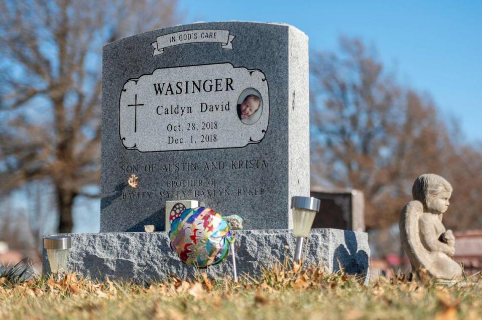 The grave of Caldyn Wasinger in Sabetha, Kan. The city paid Caldyn’s parents, Austin and Krista Wasinger, $105,000 after the couple’s home was searched and Austin was wrongfully arrested a few months after Caldyn’s death in 2018.