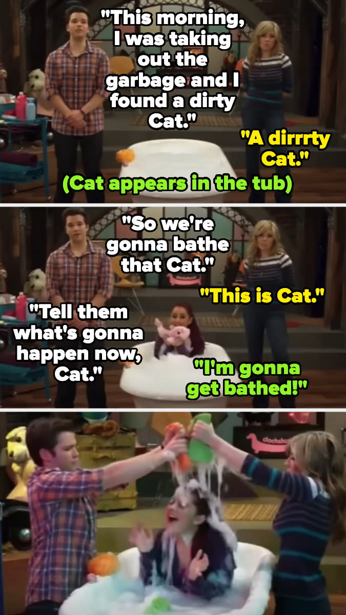 Three people in a sitcom scene with an exchange about a "dirty cat." A moment of surprise with a character covered in whipped cream