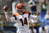 Cincinnati Bengals quarterback Andy Dalton passes against the Seattle Seahawks during the first half of an NFL football game, Sunday, Sept. 8, 2019, in Seattle. (AP Photo/Stephen Brashear)