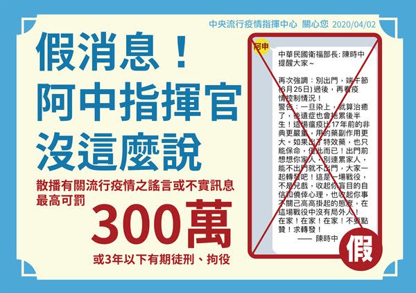 「陳時中指揮官說端午節前別出門」是假訊息！勿散布以免觸法遭罰