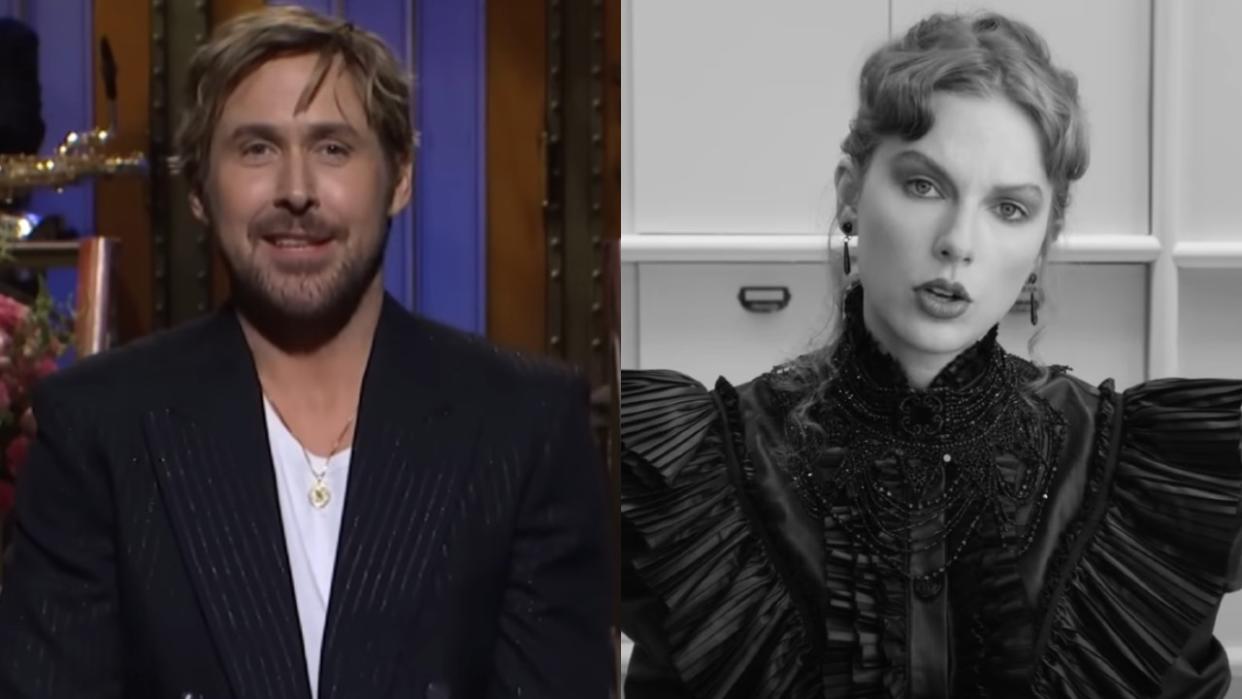  L to R: Ryan Gosling doing his opening monologue on Saturday Night Live, Taylor Swift in the Fortnight music video. 