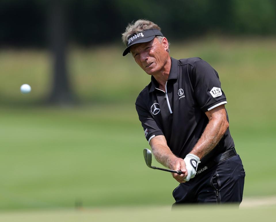 Bernhard Langer watches his shot onto the No. 4 green during the 2023 Kaulig Companies Championship Pro-Am at Firestone Country Club, Wednesday, July 12, 2023, in Akron, Ohio.