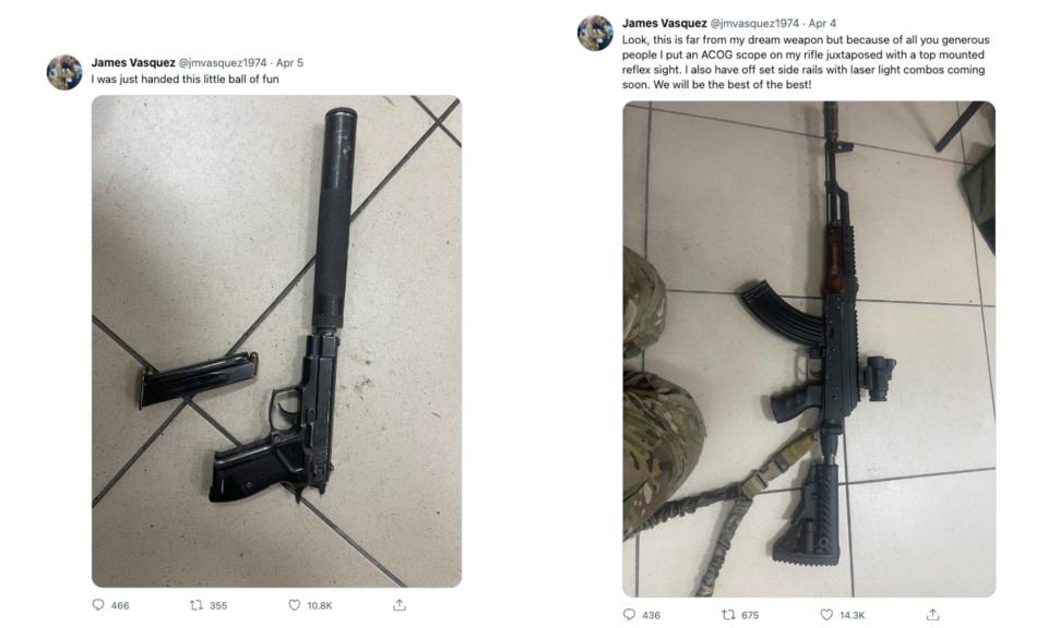 Two photographs of guns shared by James Vasquez on Twitter.