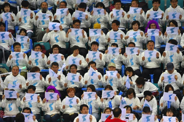 South Korean fans wave "unification flags" as they cheer for North Korean players during the match between the two Koreas