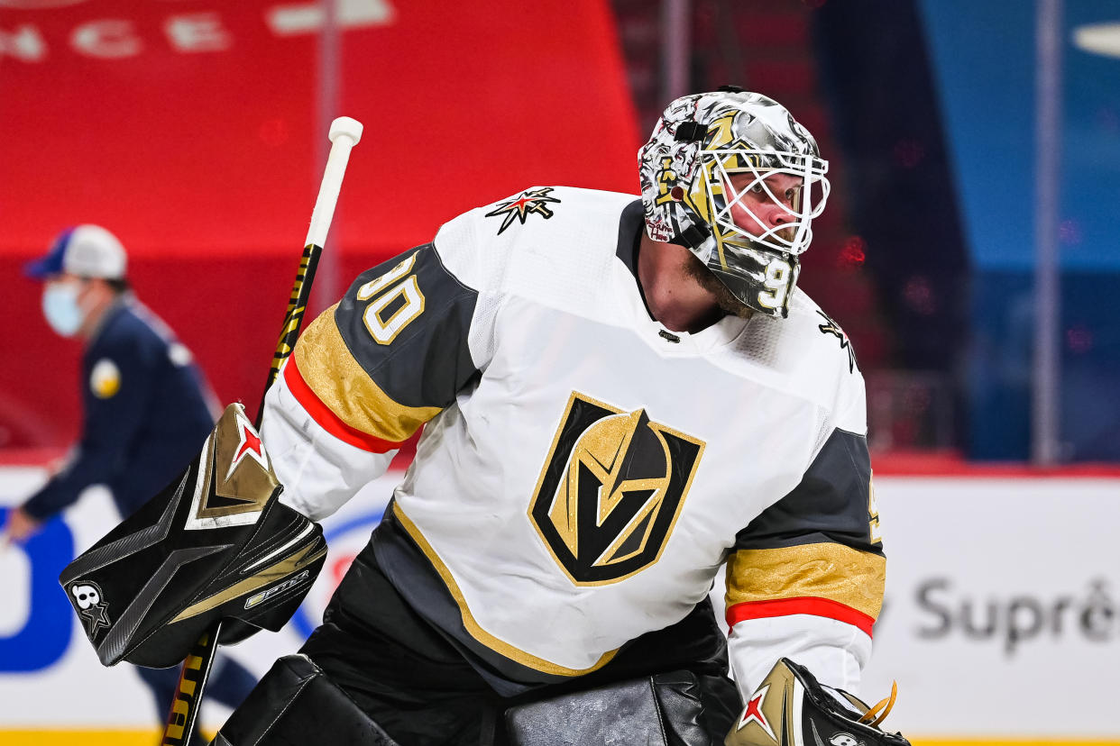 MONTREAL, QC - JUNE 24: Look on Las Vegas Golden Knights goalie Robin Lehner (90) during the NHL Stanley Cup Playoffs Semifinals game 6 between the Las Vegas Golden Knights versus the Montreal Canadiens on June 24, 2021, at Bell Centre in Montreal, QC (Photo by David Kirouac/Icon Sportswire via Getty Images)