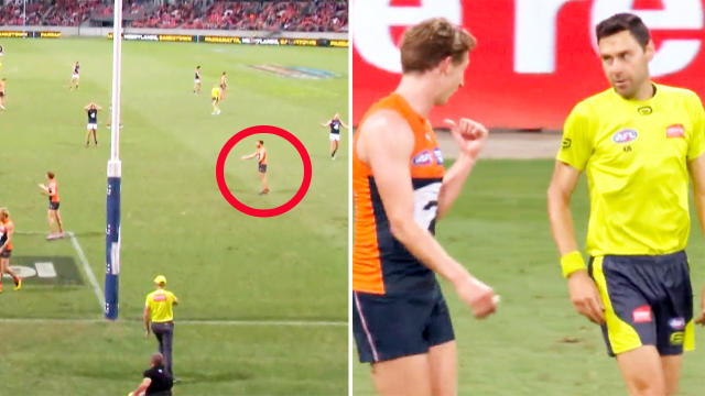 Stephen Coniglio, pictured here being pinged for dissent in GWS&#39; clash with Carlton in the AFL.