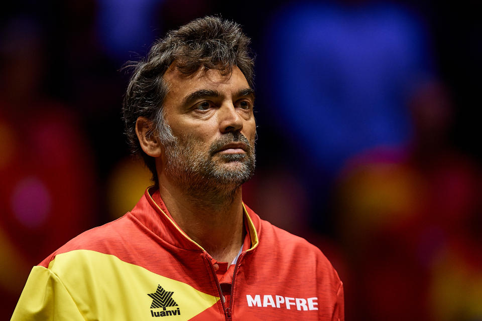 MADRID, SPAIN - NOVEMBER 24: Sergi Bruguera captain of Spain looks on ahead of the singles final match between Felix Auger-Aliassime of Canada and Roberto Bautista Agut of Spain during Day Seven of the 2019 Davis Cup at La Caja Magica on November 24, 2019 in Madrid, Spain. (Photo by David Aliaga/MB Media/Getty Images)