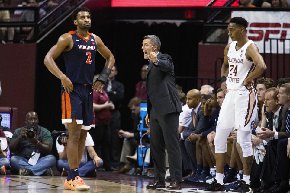 Virginia head coach Tony Bennett shouts instructions during the first half of the team's NCAA college basketball game against Florida State in Tallahassee, Fla., Wednesday, Jan. 15, 2020. (AP Photo/Mark Wallheiser)