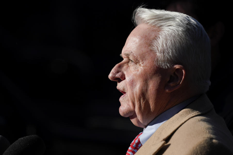 Attorney Bob Costello talks to reporters after testifying before a grand jury investigating Donald Trump in New York, Monday, March 20, 2023. (AP Photo/Seth Wenig)