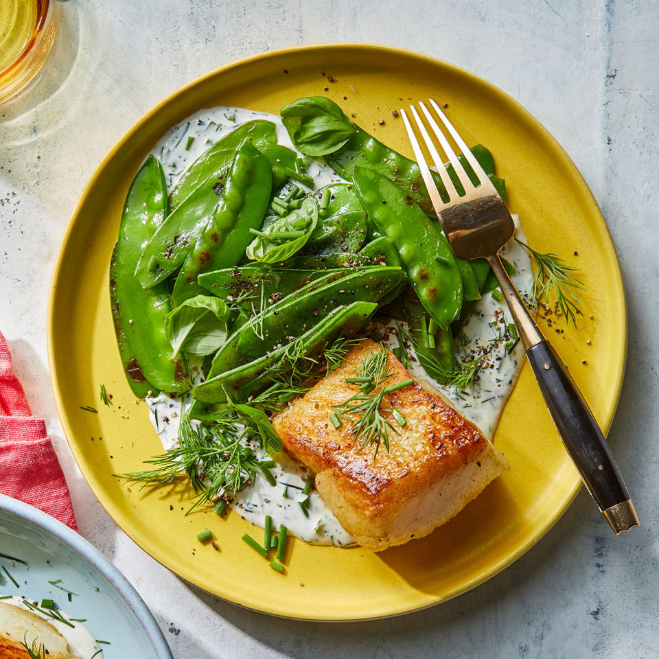 Crispy Cod with Charred Snow Peas & Creamy Herb Sauce