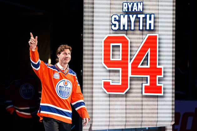 EDMONTON, AB – APRIL 6: Former Edmonton Oilers forward Ryan Smyth greets the fans during the closing ceremonies at Rexall Place following the game between the Edmonton Oilers and the Vancouver Canucks on April 6, 2016 at Rexall Place in Edmonton, Alberta, Canada. The game was the final game the Oilers played at Rexall Place before moving to Rogers Place next season. (Photo by Codie McLachlan/Getty Images)