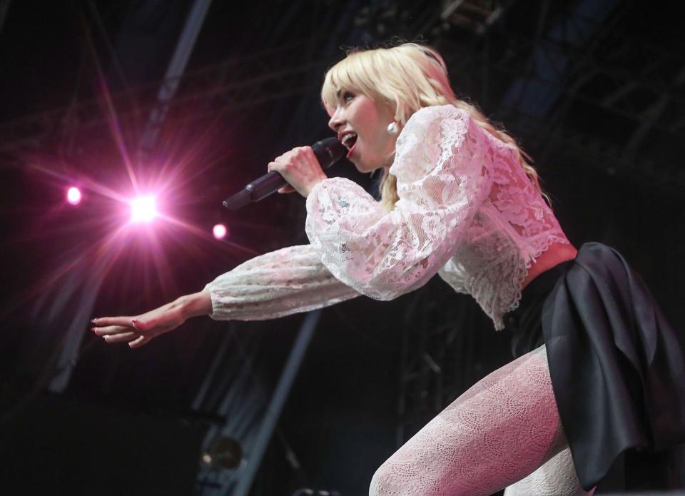 Carly Rae Jepson performs in the Mojave tent at the Coachella Valley Music and Arts Festival in Indio, Calif., April 22, 2022.