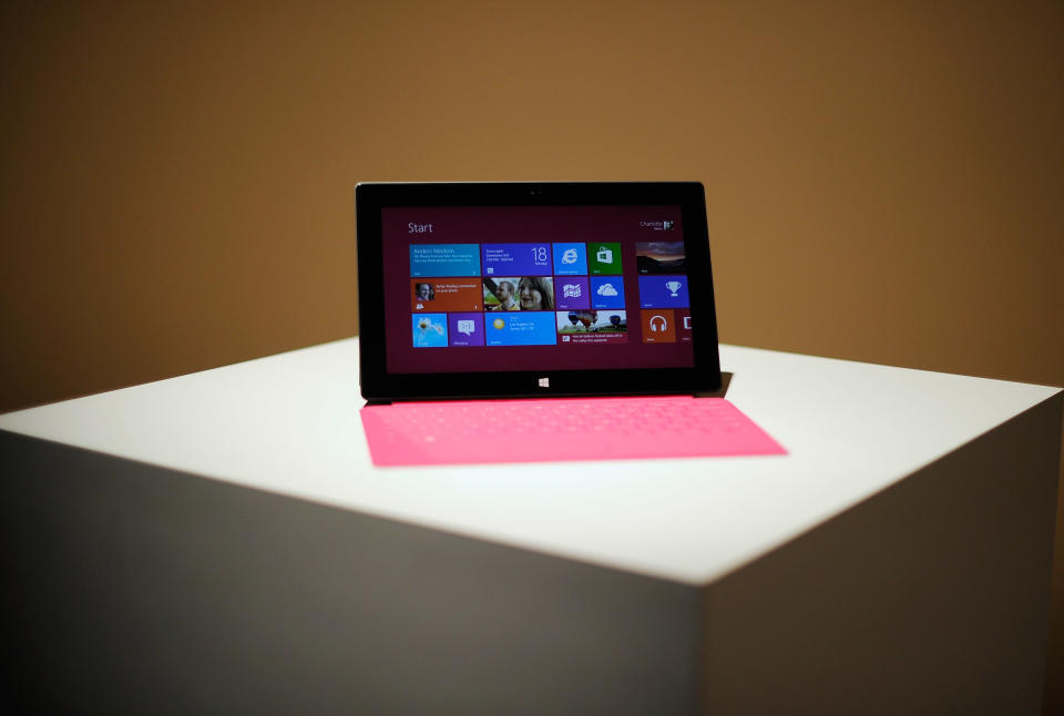 LOS ANGELES, CA - JUNE 18: The Microsoft tablet Surface is unveiled during a news conference at Milk Studios on June 18, 2012 in Los Angeles, California. The new Surface tablet utilizes a 10.6 inch screen with a cover that contains a full multitouch keyboard. (Photo by Kevork Djansezian/Getty Images)