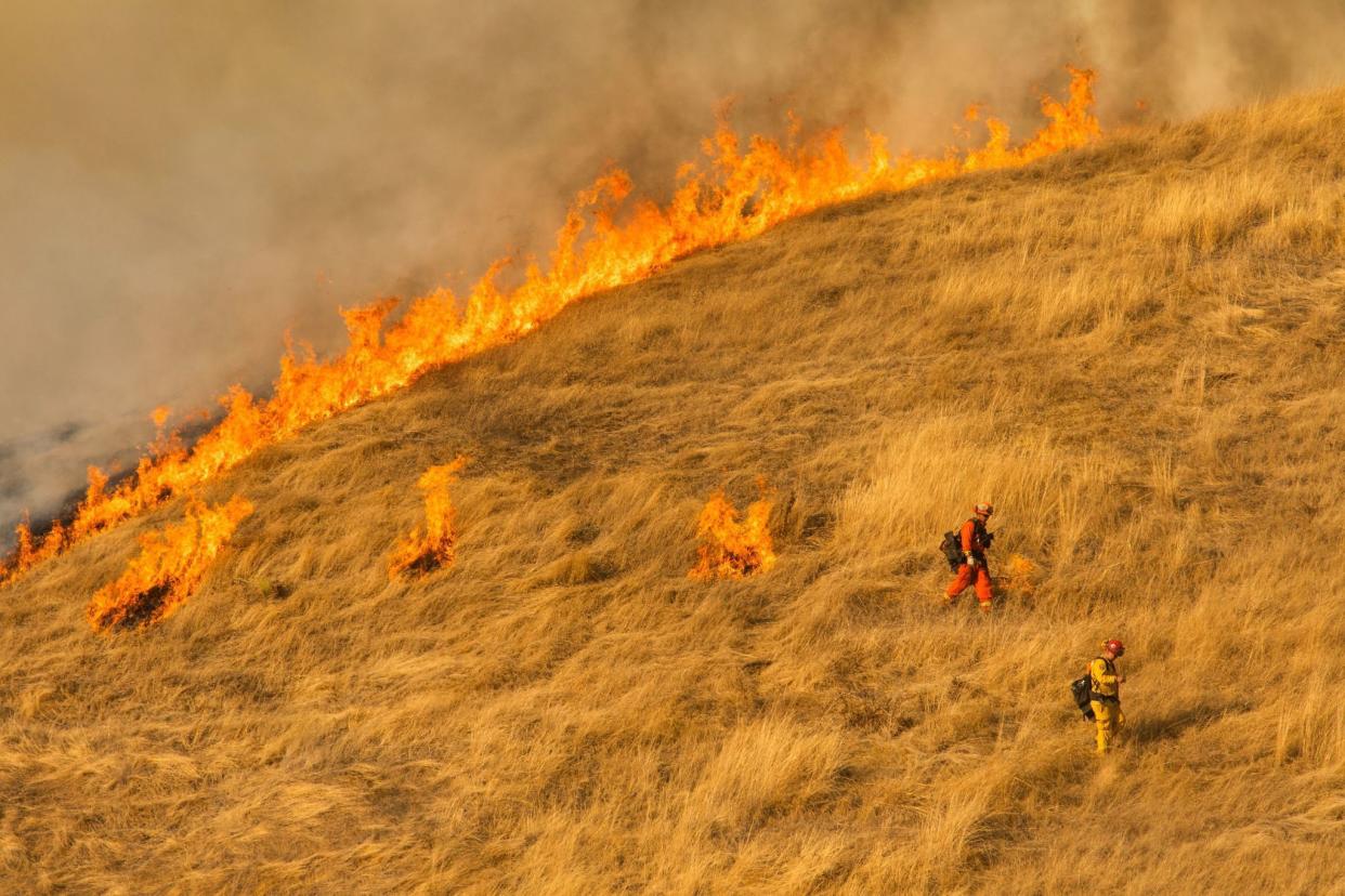 Firefighters set a back fire along a hillside near during firefighting operations to battle the Kincade Fire in Healdsburg, Calif. on Oct. 26, 2019.