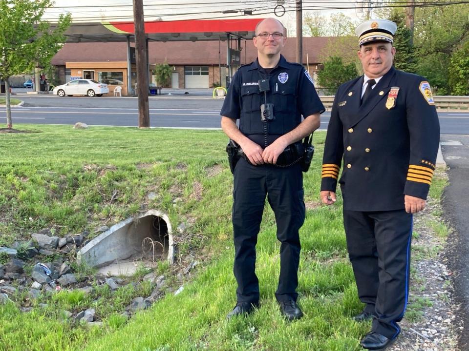 South Plainfield Officer Brian Zielinski and South Plainfield Deputy Fire Chief Lawrence DelNegro at the Durham Avenue site where they rescued a family from Hurricane Ida flood waters