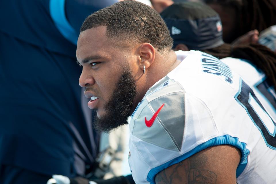 Tennessee Titans defensive tackle Jeffery Simmons (98) on the sideline during the fourth quarter against the Arizona Cardinals at Nissan Stadium Sunday, Sept. 12, 2021 in Nashville, Tenn.  