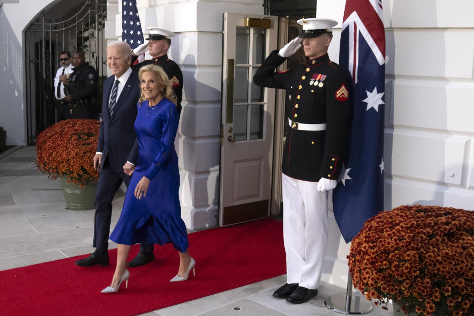 President Joe Biden and first lady Jill Biden arrive to welcome Australian Prime Minister Anthony Albanese and his partner Jodie Haydon to the White House in Washington, Wednesday, Oct. 24, 2023. (AP Photo/Mark Schiefelbein)