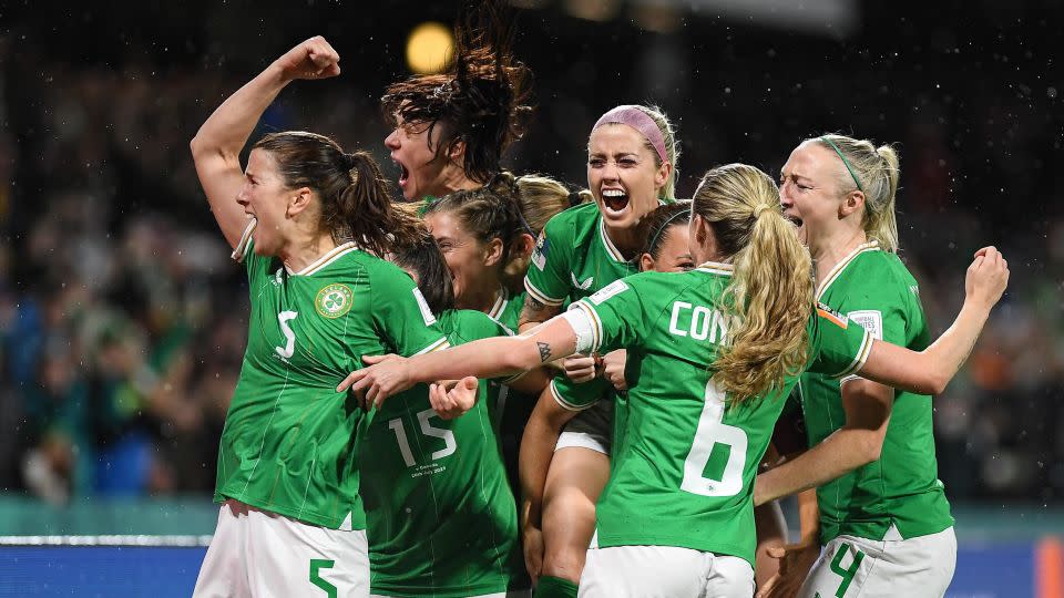 Republic of Ireland players celebrate after McCabe's goal against Canada.  - Mick O'Shea/Sportsfile/Getty Images