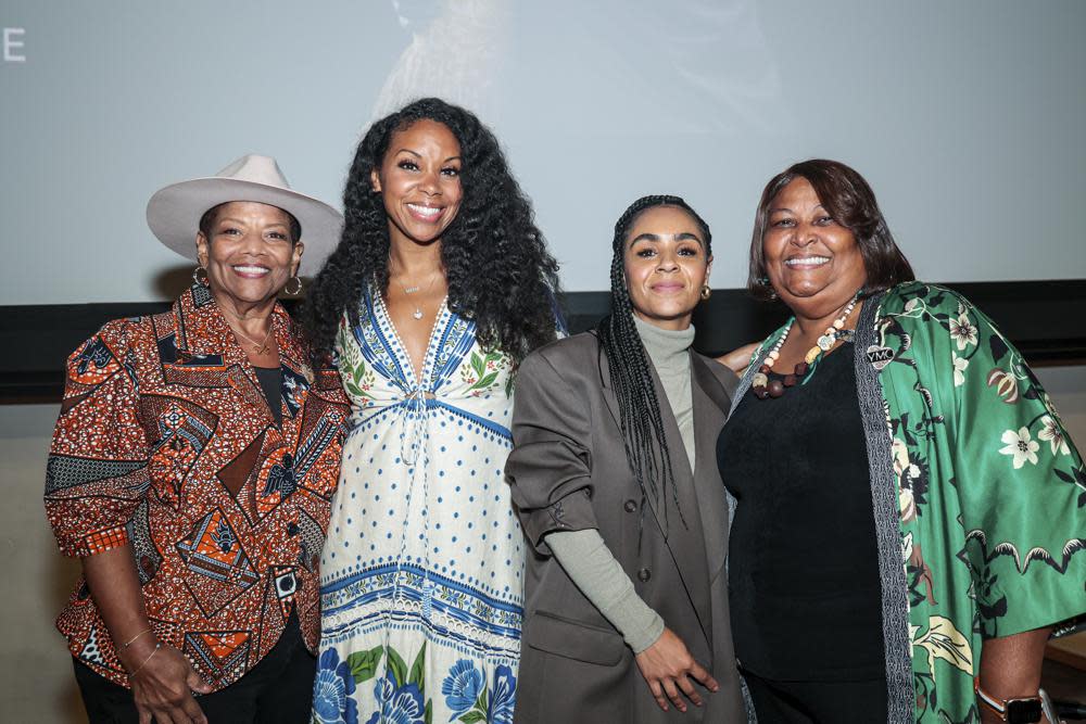 Donna Jordan, mother of actor Michael B. Jordon; from left, filmmaker and “Black Love” co-creator Codie Elaine Oliver, TV personality and writer Natalie Manual Lee, and Robin Paul, mother of NBA player Chris Paul, appear at at an event honoring the work of Black women and mothers in Los Angeles on Tuesday, Oct. 11, 2022. The studio and production companies behind the new film, “Till,” have partnered in a campaign to recognize women who are continuing Mamie Till-Mobley’s legacy and fight for justice over the 1955 Mississippi lynching of her son Emmett Till. (Nikki Boutte via AP)