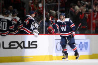 Washington Capitals left wing Alex Ovechkin (8) celebrates his second goal during the second period of an NHL hockey game against the Florida Panthers, Friday, Nov. 26, 2021, in Washington. (AP Photo/Nick Wass)