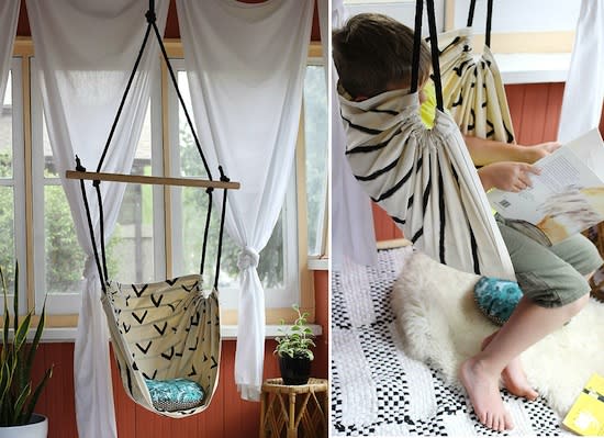<body> <p>This hammock chair is a <a rel="nofollow noopener" href=" http://www.bobvila.com/slideshow/instacraft-6-easy-diy-projects-no-tools-required-46215#.VXi95WRViko?bv=yahoo" target="_blank" data-ylk="slk:cinch to put together;elm:context_link;itc:0;sec:content-canvas" class="link ">cinch to put together</a>, and makes a perfect reading corner in any sunny spot. It is height-adjustable, simple to mount, and you can even customize your own canvas design. </p> <p><strong>Related: <a rel="nofollow noopener" href=" http://www.bobvila.com/slideshow/10-playful-examples-of-swinging-and-swaying-furniture-47600#.VXi9smRViko?bv=yahoo" target="_blank" data-ylk="slk:10 Playful Examples of Swinging and Swaying Furniture;elm:context_link;itc:0;sec:content-canvas" class="link ">10 Playful Examples of Swinging and Swaying Furniture</a> </strong> </p> </body>