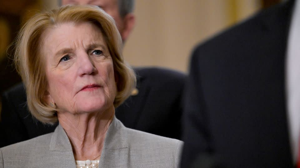 US Senator Shelley Moore Capito (R-WV) looks on during a news conference following the weekly Senate caucus luncheons on Capitol Hill in Washington on March 12, 2024. - Craig Hudson/Reuters