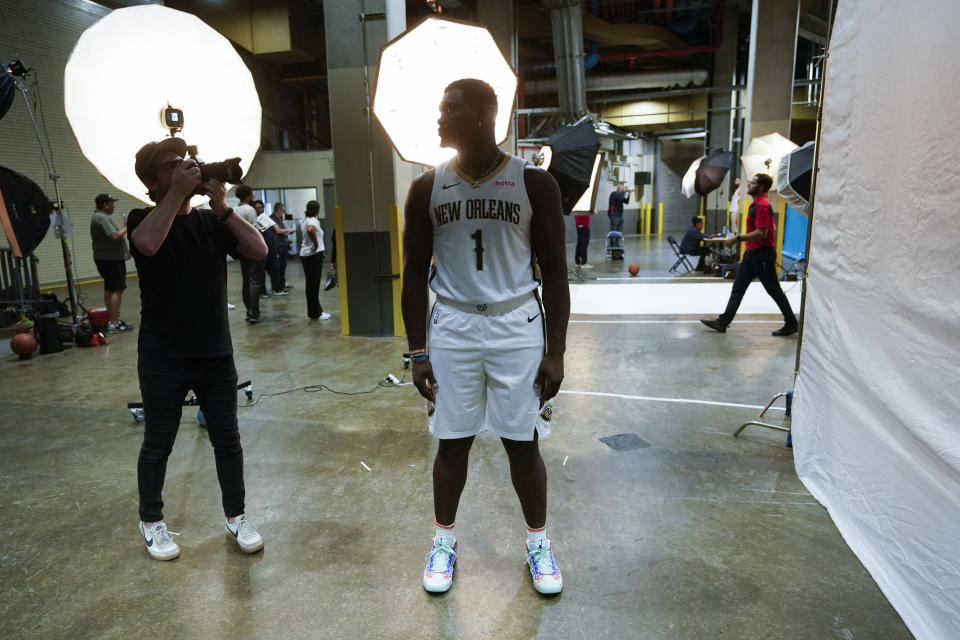 New Orleans Pelicans forward Zion Williamson poses for portraits during the NBA basketball team's media day in New Orleans, Monday, Oct. 2, 2023. (AP Photo/Gerald Herbert)