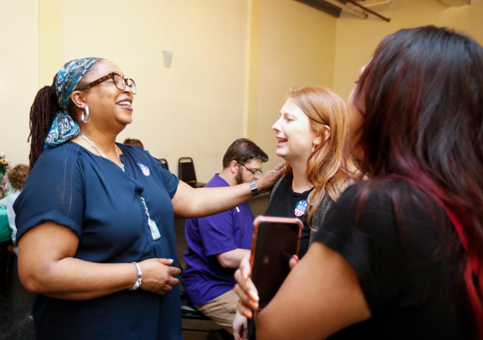 Shurita Thomas-Tate interacts with supporters during a watch party for re-election to the Springfield School Board on Tuesday, April 4, 2023.