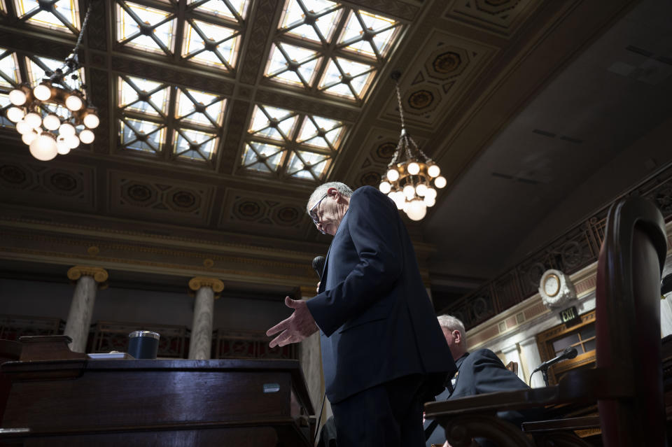 Rep. Terry Moore speaks during a motion to censure Rep. Zooey Zephyr at the Montana State Capitol in Helena, Mont., on Wednesday, April 26, 2023. (AP Photo/Tommy Martino)
