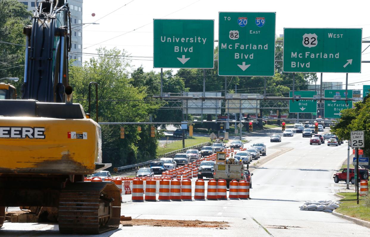 Sharp increases to cost estimates to replace the University Boulevard bridge over McFarland Boulevard, seen here in a file photo taken during prior work in 2018, are forcing officials to find additional sources of funding for the now estimated $23 million project.