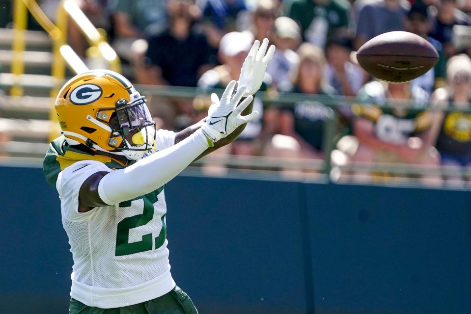 Green Bay Packers’ Patrick Taylor runs a drill at the NFL football team’s practice field Saturday, July 30, 2022, in Green Bay, Wis. (AP Photo/Morry Gash)